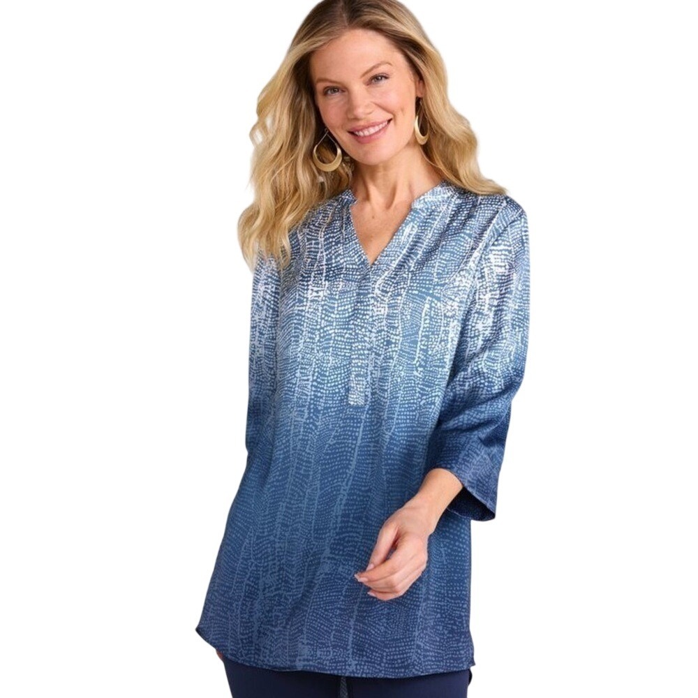 Soft Surroundings Womens Brigitte Tunic Top Blue Ombre Snap Henley Medium?‎